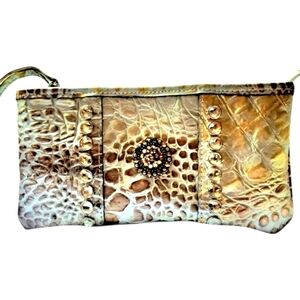Raviani Of Garland Texas Croc Embossed Leather Wristlet Metallic Gold Ivory